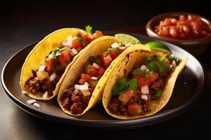 ai generado mexicano tacos con carne de vaca en tomate salsa y salsa generativo ai foto