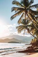 AI generated Sunny exotic beach by the ocean with palm trees at sunset summer vacation Generate AI photo