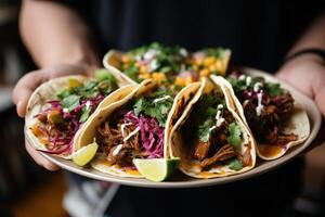 AI generated Close up person holding plate with taco Generative AI photo