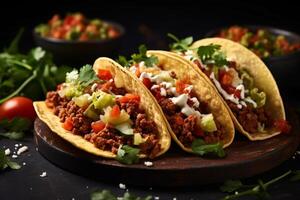 AI generated Mexican tacos with beef in tomato sauce and salsa Generative AI photo