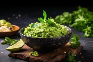 AI generated High angle tasty guacamole in bowl copy space concept Generate AI photo