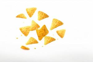 ai generado maíz papas fritas de triangular forma erigir por levitación en un blanco antecedentes generativo ai foto