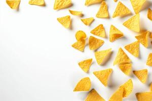 ai generado maíz papas fritas de triangular forma erigir por levitación en un blanco antecedentes generativo ai foto