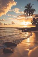 AI generated Sunny exotic beach by the ocean with palm trees at sunset summer vacation Generate AI photo