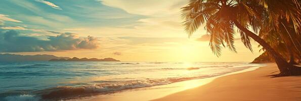 AI generated Sunny exotic beach by the ocean with palm trees at sunset summer vacation Generate AI photo