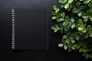 AI generated Minimalistic black background with laptop notepad generative AI photo