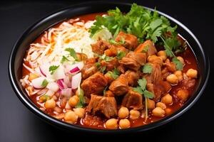 AI generated Top view on appetizing pozole bowl Generative AI photo