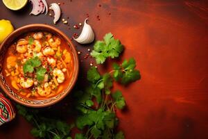 AI generated Top view on appetizing pozole bowl Generative AI photo