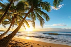 AI generated Sunny exotic beach by the ocean with palm trees at sunset summer vacation Generate AI photo