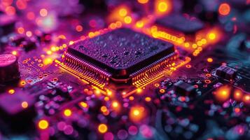 ai generado alta resolución, macro Disparo de un computadora chip, enfatizando intrincado circuito detalles foto