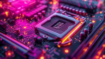 ai generado alta resolución, macro Disparo de un computadora chip, enfatizando intrincado circuito detalles foto