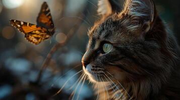 AI generated A portrait of an adorable fluffy kitten, butterfly resting on its nose, emerald eyes focused photo