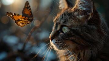 ai generado un retrato de un adorable mullido gatito, mariposa descansando en sus nariz, Esmeralda ojos enfocado foto