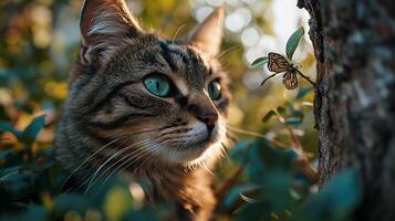 AI generated A portrait of an adorable fluffy kitten, butterfly resting on its nose, emerald eyes focused photo