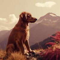 ai generado un perro sentado mirando a el montañas foto