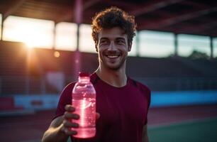 ai generado un hombre en un corriendo pista participación un botella de agua foto