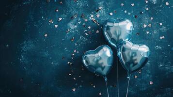 AI generated Generative AI, Foil blue balloons in heart shape and confetti for Valentine's day or wedding with copy space photo