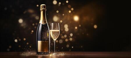 AI generated Generative AI, Golden champagne bottle mockup with glass on dark background, golden lights and confetti photo