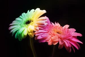 Rainbow gerbera flowers on black photo