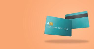 Header of front and back credit card in green color over Peach Fuzz background and empty space for text. Business app. Shopping online. Secure purchase. Digital payments. Online banking. 3D Render. photo