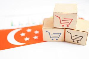 Online shopping, Shopping cart box on Singapore flag, import export, finance commerce. photo