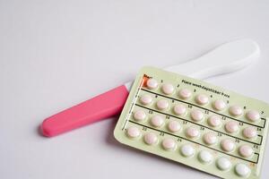 Pregnancy test with birth control pills for female of ovulation day, fetus, maternity, childbirth. photo