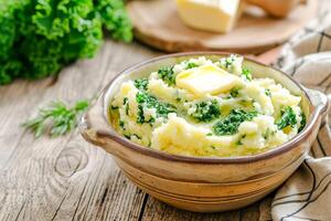 AI generated Traditional Irish mashed potatoes colcannon with cabbage and butter in a ceramic bowl. AI generated. photo