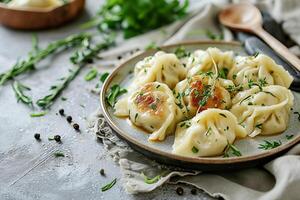 AI generated Dumplings served on a white plate. AI generated photo