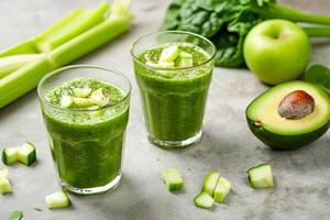 ai generado verde zalamero hecho desde manzana, palta, apio y Espinacas en dos vaso lentes. ai generado. foto