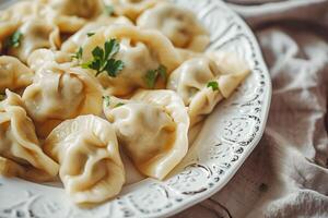 AI generated Dumplings served on a white plate. AI generated photo