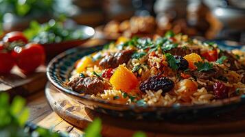 ai generado azerbaiyano pilaf con carne y seco frutas en un servicio plato. ai generado. foto