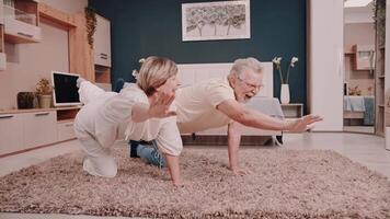 un' simpatico anziano coppia siamo fare ginnastica e ridendo. marito e moglie. yoga. bene umore. vero emozioni. carino contento famiglia. amore per vita. nonna e Nonno. video