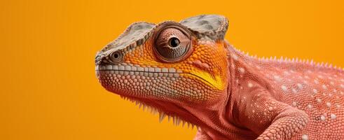 ai generado un camaleón mirando adelante en un naranja antecedentes foto