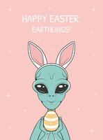 contento Pascua de Resurrección póster. saludo tarjeta con linda extraterrestre con conejito orejas y Pascua de Resurrección huevo. vector