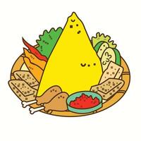 vector illustration of yellow rice forming a mountain with several toppings such as lime, tempeh, chicken thighs, red chilies, carrots and mustard greens, in an oval container made of woven bamboo.
