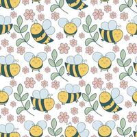 Bees and flowers spring summer seamless pattern vector