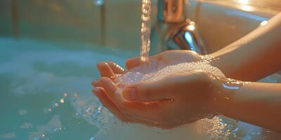 AI generated Generative AI, person washing hands with soap and water at sink, hygiene concept photo