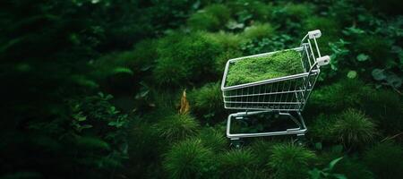AI generated Generative AI, shopping cart on grass and moss background, environment concept, shopaholism, ecology concept. Sustainable lifestyle, conscious consumption photo