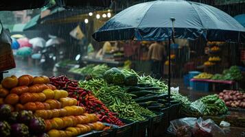 AI generated Generative AI, Traditional oriental asian market with fruits and vegetables under the rain with umbrellas photo