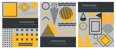 Futuristic retro minimalistic posters with simple geometric shapes forming graphics. Modern design, fashionable style in black and orange tones, inspired by brutalism. Vector. vector