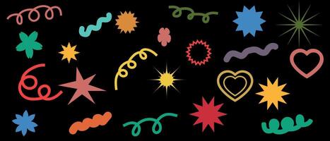 Set of abstract vector retro shapes. Retro vector stickers. A collection of modern shapes, fun colors, bubbles, stars, loops with wavy and spiral elements in a trendy cartoon style from the 70s, 90s.