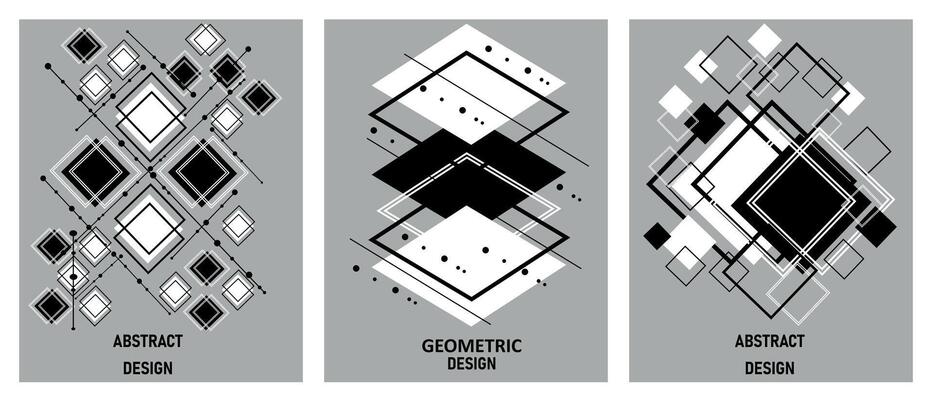 Futuristic retro minimalist posters with 3D triangular shapes, geometric shapes forming graphics, modern design, fashion style inspired by brutalism. Vector.