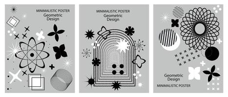 Retro futuristic minimalistic posters with simple shapes, graphic elements of geometric shapes composition. The concept of modern brutalism. Vector illustration.