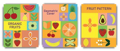 Geometric poster with fruits and berries. Set of abstract geometric pattern background with food. Colorful vector design template for cover, poster, brochure, banner, menu. Vector