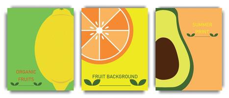 Set of minimalistic posters with fruits. Vector colorful fruit covers, templates, posters, brochures, banners, flyers. Bright summer posters. Bright tropical backgrounds.