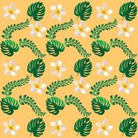 Seamless pattern with colorful tropical leaves and hibiscus flowers on an orange bright background. Vector seamless pattern. Textile fabric design on wallpaper.