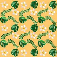 Seamless pattern with colorful tropical leaves and hibiscus flowers on an orange bright background. Vector seamless pattern. Textile fabric design on wallpaper.