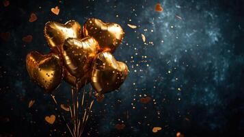 AI generated Generative AI, Foil golden balloons in heart shape and confetti for Valentine's day or wedding with copy space photo