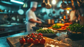 ai generado generativo ai, ocupado cocineros trabajando en el restaurante cocina , borroso antecedentes foto