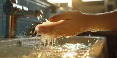 AI generated Generative AI, person washing hands with soap and water at sink, hygiene concept photo